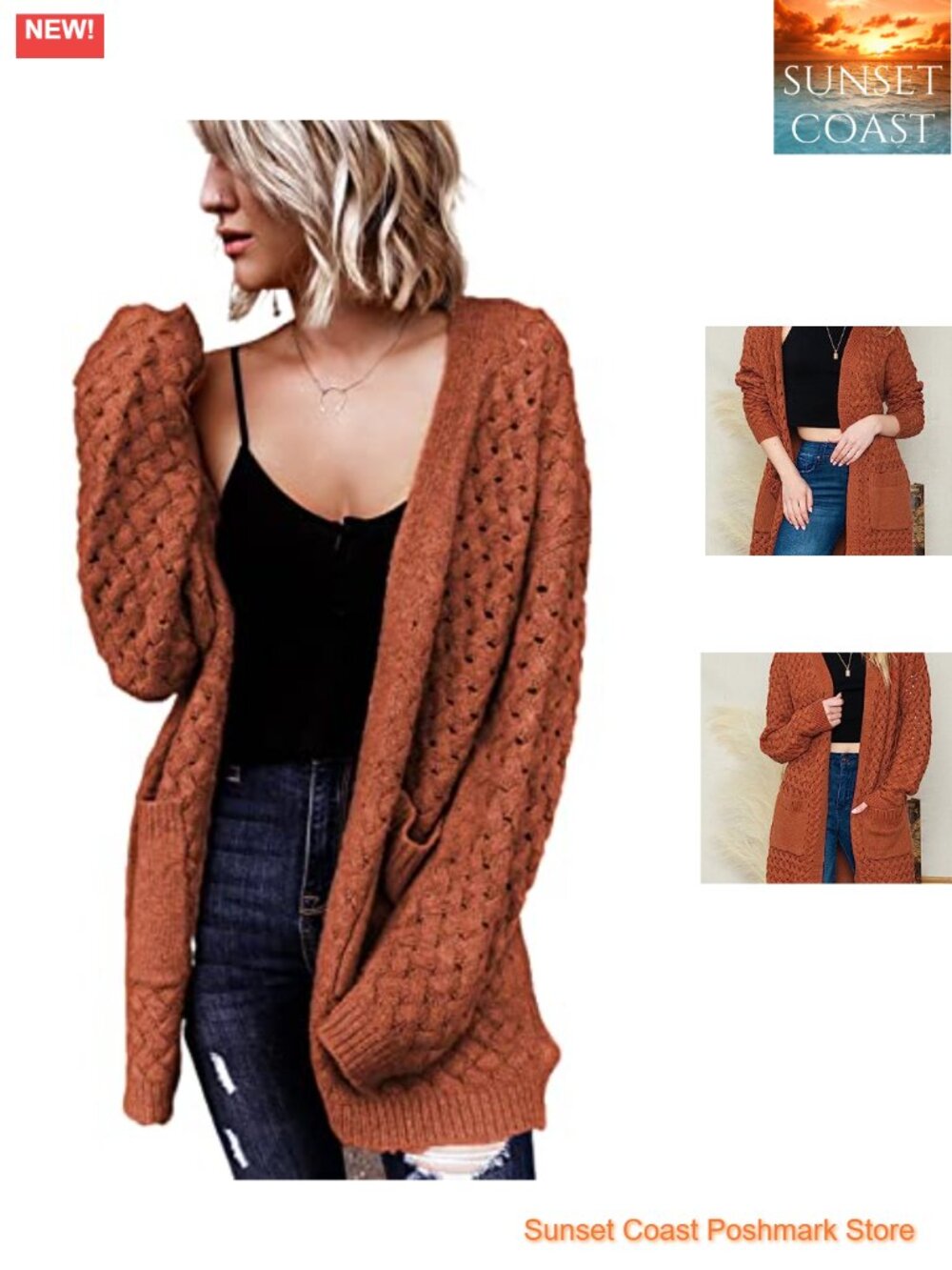 Open Front Cardigan Cable Knit Long Sleeve Sweater Pockets